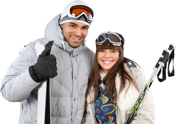 Couple avec masques de ski et batôns, et ski qui profitent d'un séjour avec Stay in Isère, hebergement Chamrousse.