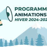 Bras tenant un haut parleur par dessus un dessin de montagnes et sapins d'hiver pour annoncer les animations prévues dans la station de Chamrousse.